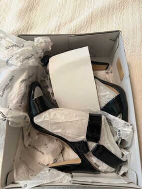 Karl Lagerfeld Cieone Black Patent Open-Toe Ankle-Strap Heels